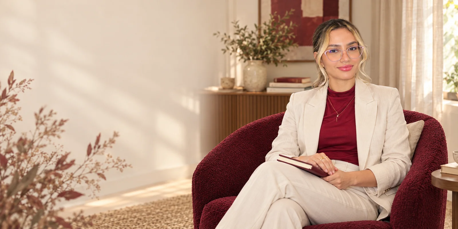 Retrato ilustrativo de Maria Eduarda sentada em uma poltrona, em um ambiente acolhedor