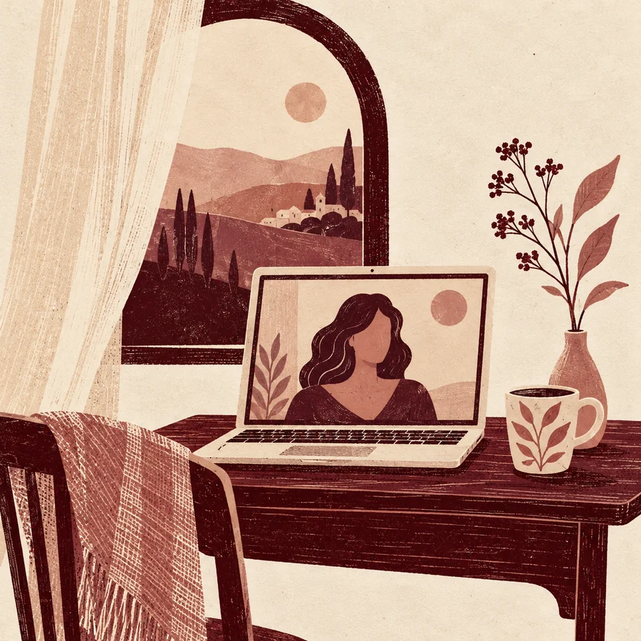 Ilustração de um computador em um ambiente reservado e acolhedor para uma conversa online
