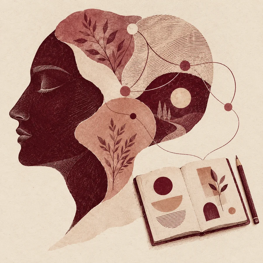 Ilustração em gravura de um perfil humano formado por conexões e formas orgânicas, ao lado de um caderno