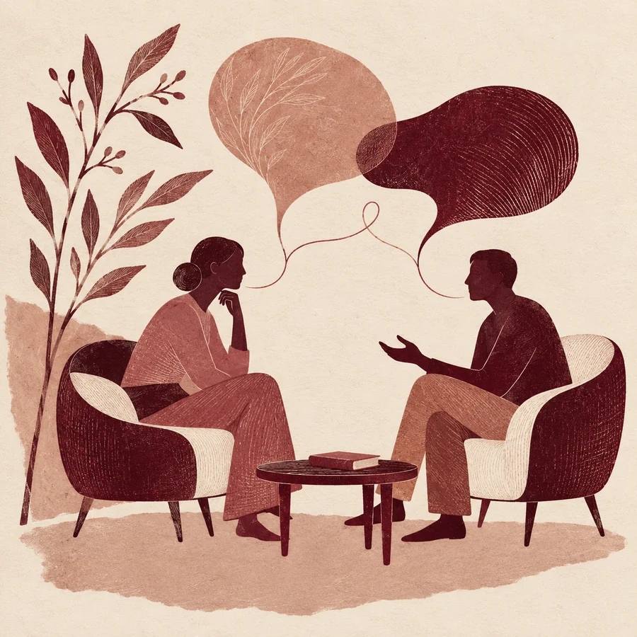 Ilustração em gravura de duas pessoas conversando em um espaço acolhedor